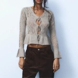 Zara Tie Front Cardigan Lace Pointelle